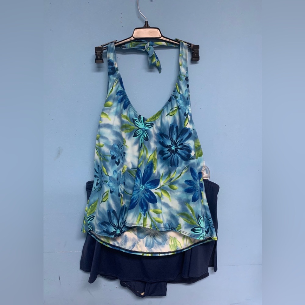 24 D cup 2 piece skirted tankini navy blue  swimsuit e4288